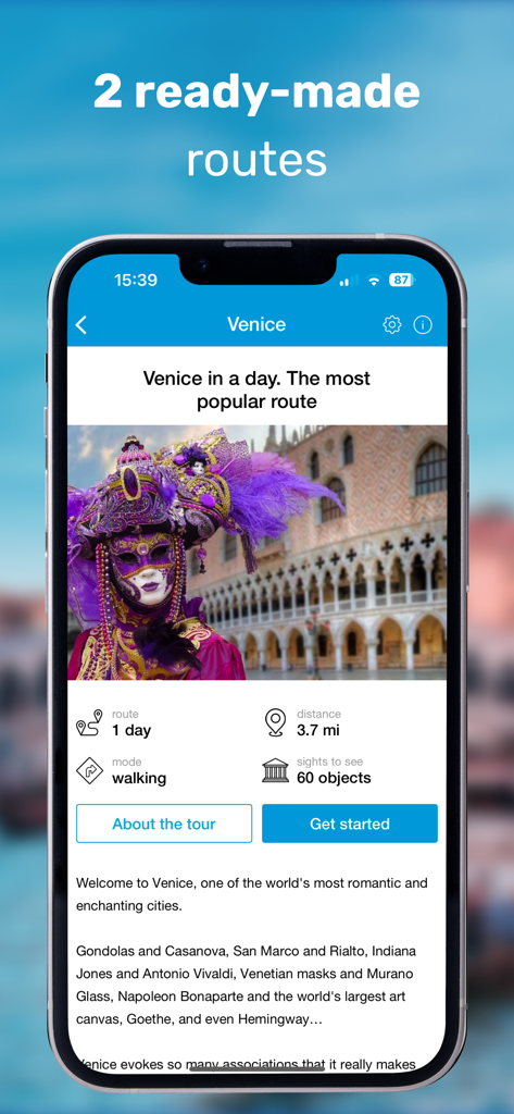 Venice Audio Guide Offline Map - Interfaccia di un'app di tour a piedi che mostra un tour a piedi di un giorno a Venezia con dettagli del percorso e un'immagine di una maschera veneziana
