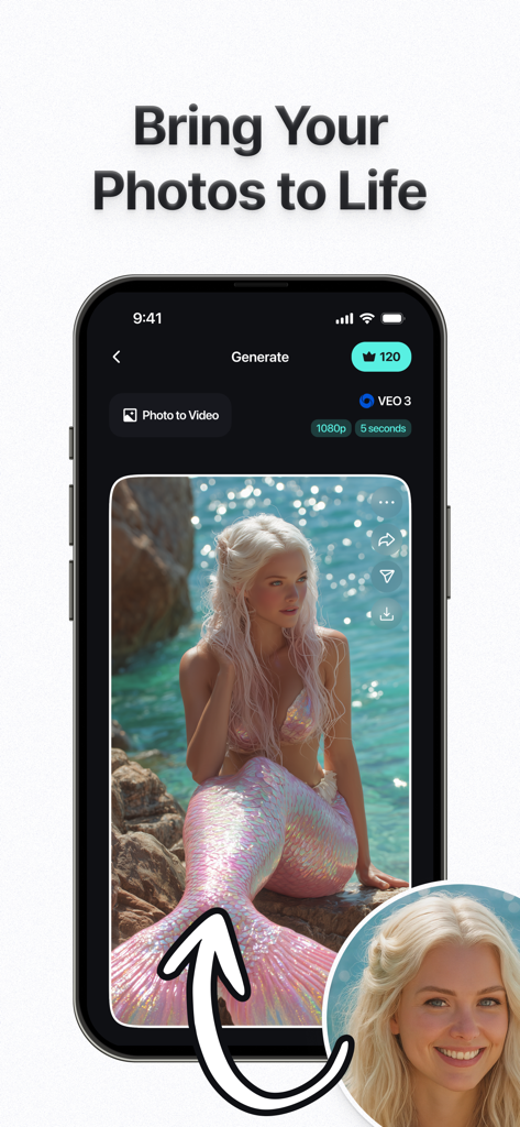 Doozy AI: Video Generator - Interfaz de la aplicación Doozy AI mostrando la transformación de una foto de una mujer en una animación cinematográfica de una sirena.