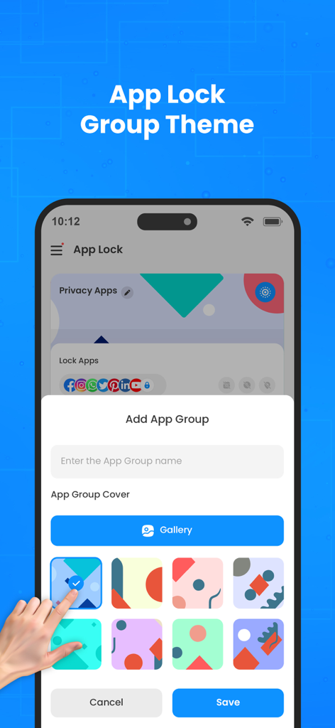 App Lock : Lock Apps - Interface of the Lock Master app showing how to create a custom app group with colorful theme covers