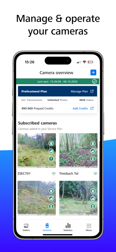 ZEISS Secacam - Interface d'aperçu des caméras de l'application ZEISS Secacam montrant une liste de caméras de chasse abonnées avec des icônes de statut