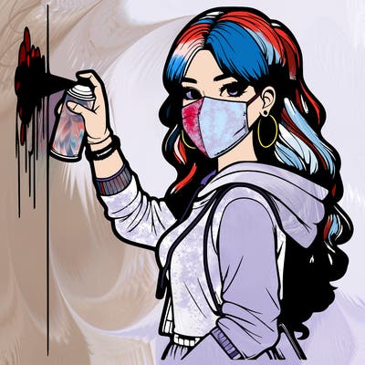 realistic girl with mask spray painting a wall