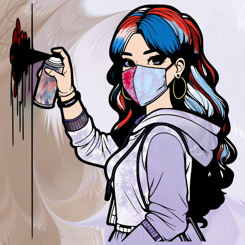 realistic girl with mask spray painting a wall
