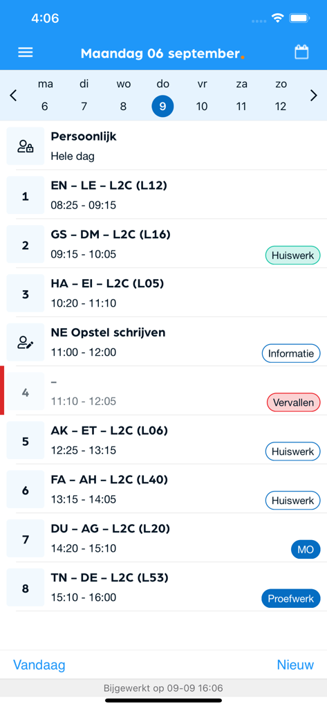 Daily school schedule in the Magister app showing class times homework tags and cancelled lessons