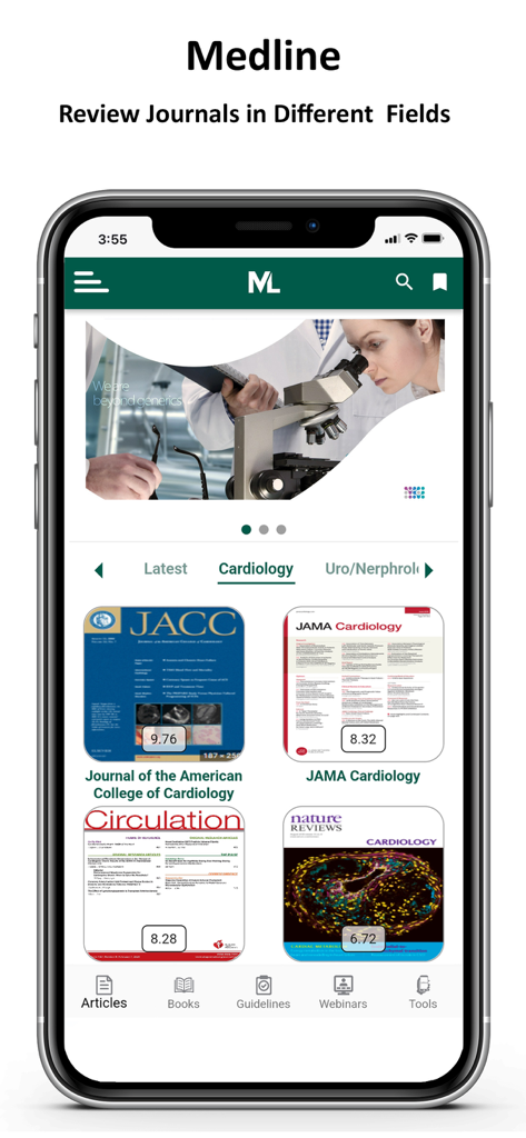 Interfaz de la aplicación MedLine que muestra revistas médicas para la investigación en Cardiología