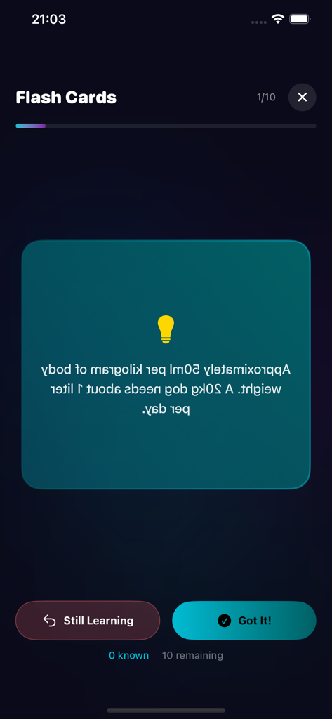 PetRoad-knowledge - Interactive pet hydration flashcard screen in PetRoad-knowledge app with educational content and progress tracking