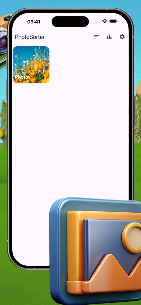 Mlyk:PhotoSorter - Mlyk PhotoSorter app interface on an iPhone displaying an organized photo gallery