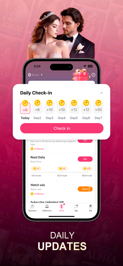 NovelaGo mobile app daily check in rewards screen showing coins and reading tasks