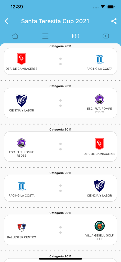 Santa Teresita Cup - Santa Teresita Cup app screen showing youth soccer match schedules and team pairings
