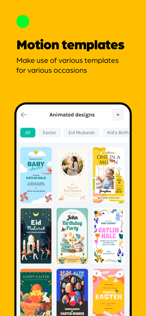 LottieFiles - Animate & Design - Écran de l'application LottieFiles montrant une variété de modèles de mouvement animés pour des événements tels que les baby showers, les anniversaires et les fêtes.