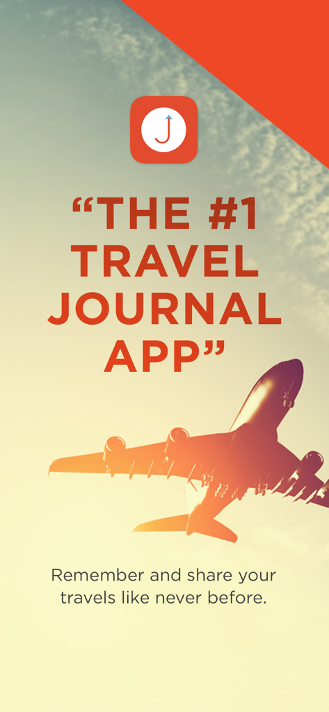 Promotional screen for the Journo app featuring an airplane silhouette at sunset and the title The #1 Travel Journal App
