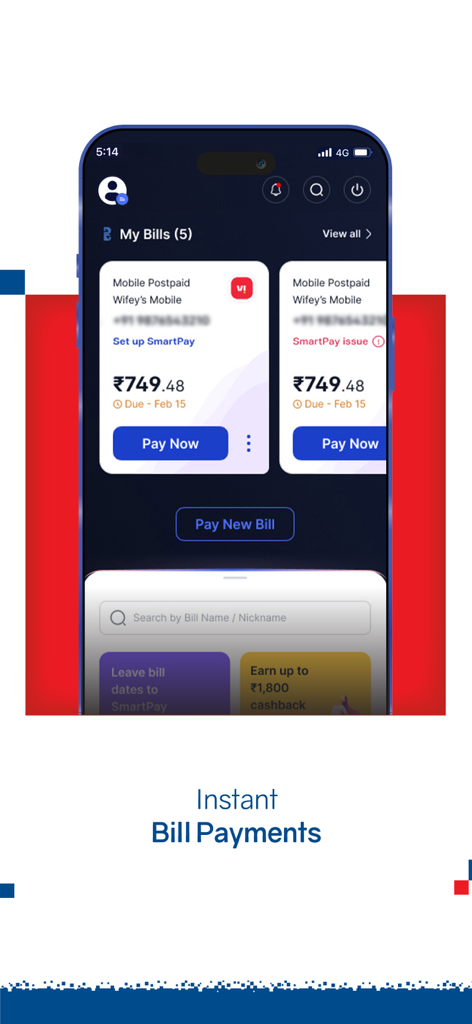 HDFC Bank app screen showing instant bill payments for mobile postpaid accounts