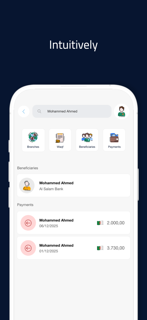 MySalam+ - MySalam plus app screen showing beneficiary management and recent payment transactions in Algerian Dinar