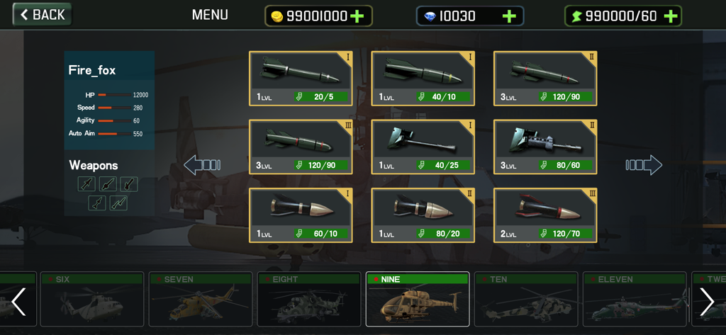 Gunship Combat: 3D Air Strike - Menú de personalización de aeronaves y selección de armas de Gunship Combat 3D