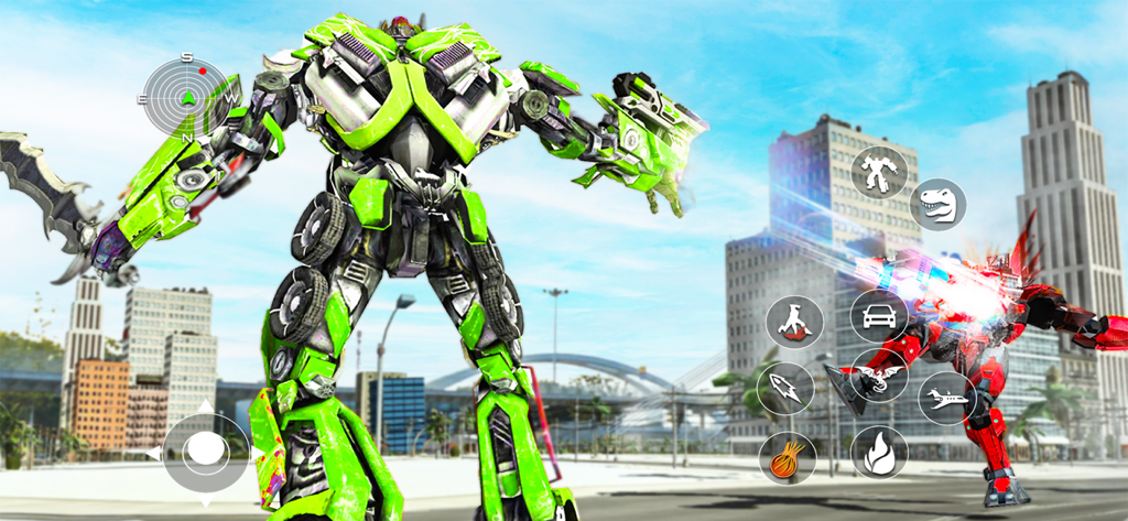 Real Robot Car Transform Game - Um robô de combate verde lutando em uma cidade de mundo aberto com controles de transformação
