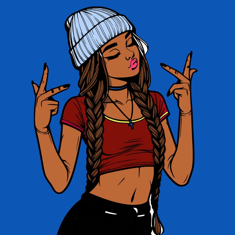 realistic teenage girl with braids and a beanie and crop top doing 🫶🏼