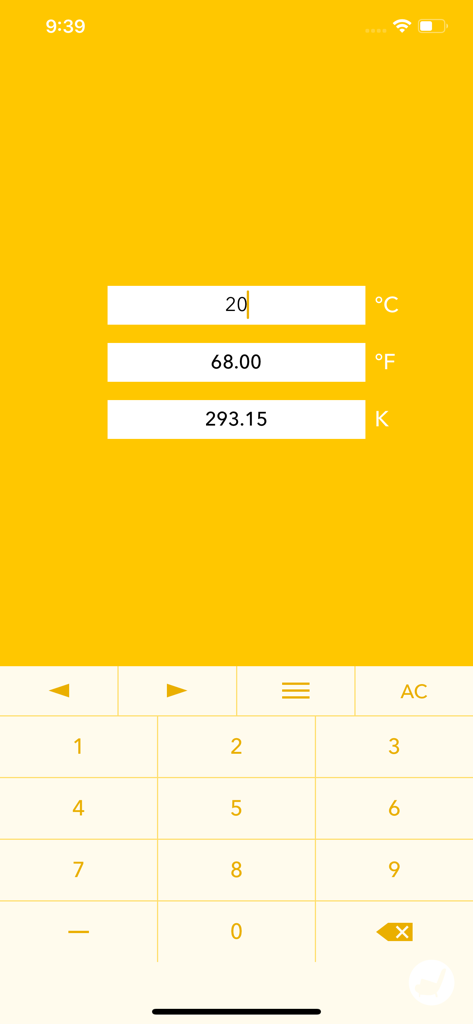 Temperature Converter - ミニマルな温度変換インターフェース。摂氏20度が華氏とケルビンに変換されている様子を表示。黄色い背景。