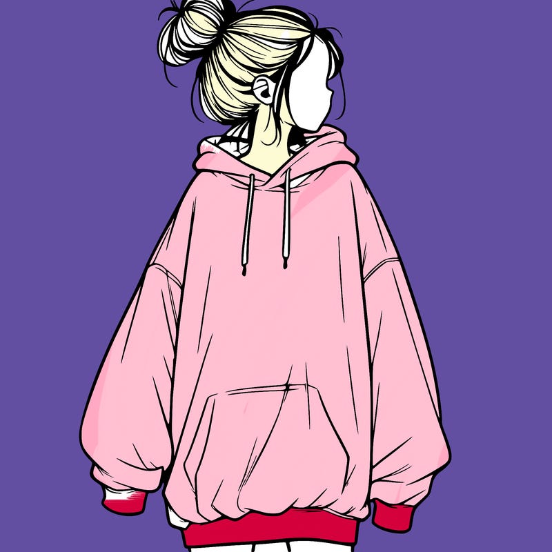realistic girl with a oversized sweatshirt on and a bun