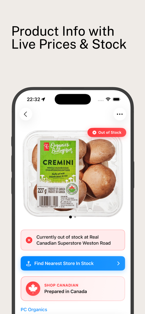 Real Canadian Superstore Deals - 재고 없음 상태의 버섯과 재고가 있는 가장 가까운 상점을 찾는 버튼을 보여주는 Real Canadian Superstore Deals 앱 인터페이스