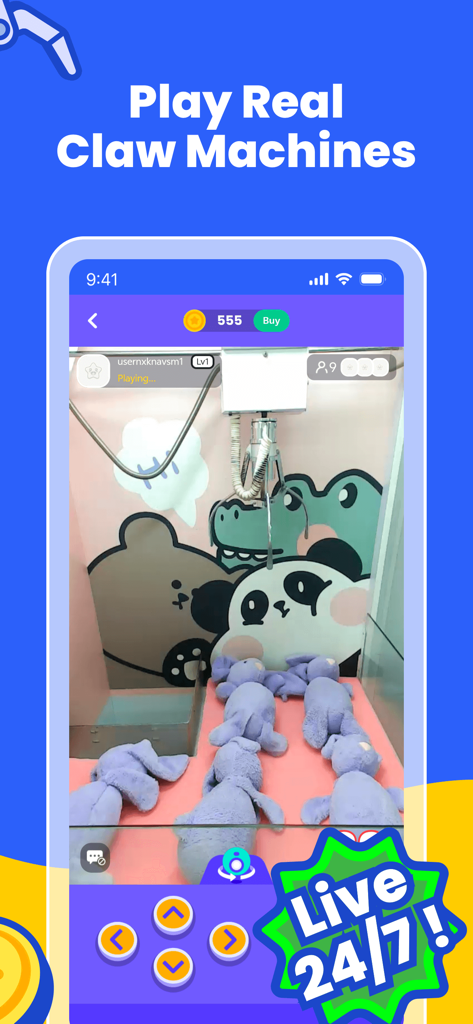 ClawParty - Real Machines! - ClawParty 모바일 앱에서 보라색 플러시 상품이 있는 실제 물리적 인형뽑기 기계의 실시간 스트림.