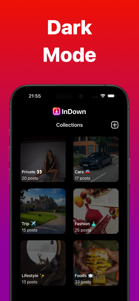 InDown・Reels Video Story Saver - InDown app interface showing user collections in dark mode