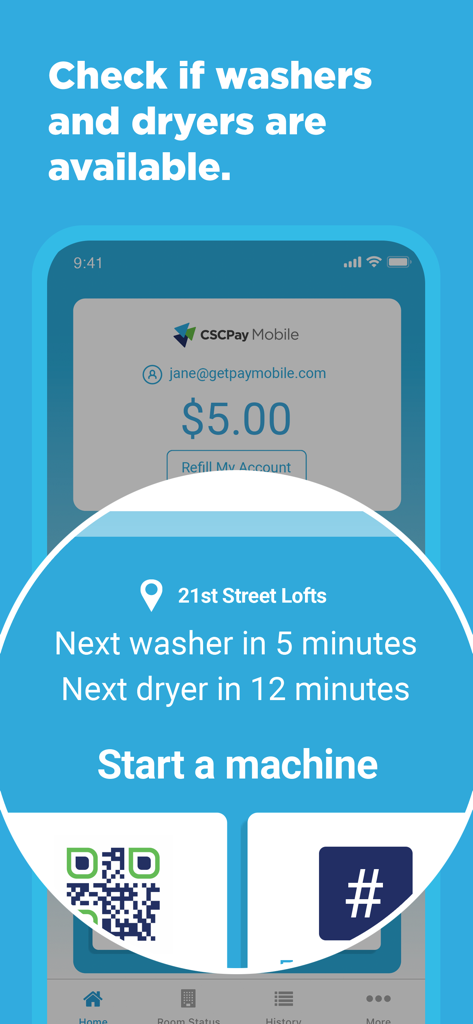 CSCPay Mobile app screen showing laundry machine availability and start machine options