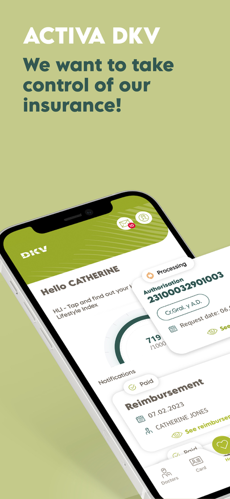 Interfaz de la app Activa DKV mostrando autorizaciones de seguro y estado de reembolsos
