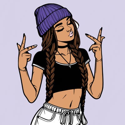 realistic teenage girl with braids and a beanie and crop top doing 🫶🏼