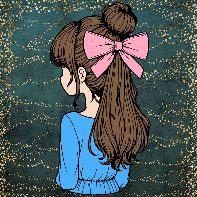 realistic girl  with hip length hair a bun and a big bow on the back of head