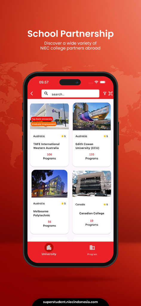 Super Student - Super Student mobile app screen showing a list of international university partnerships in Australia and Canada with program details.