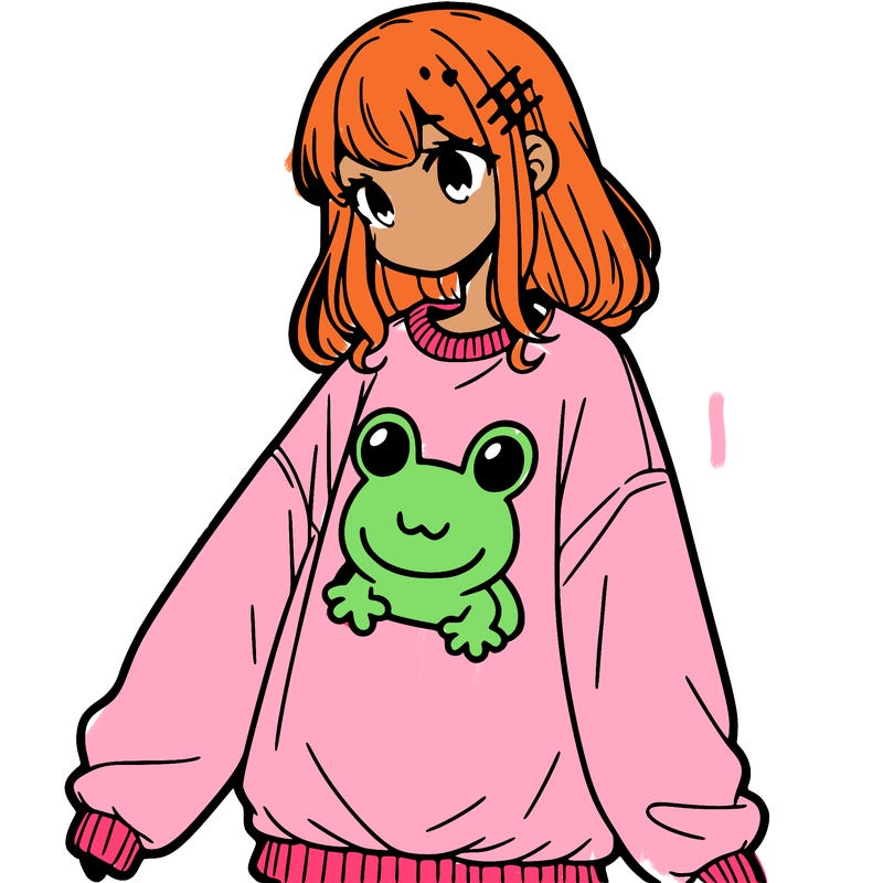 girl wearing frogging sweatshirt