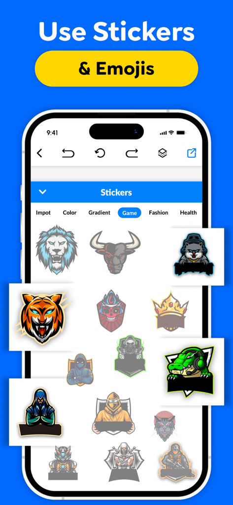 Interface de aplicativo móvel exibindo uma biblioteca de adesivos de jogos e esports para design de logo personalizado.
