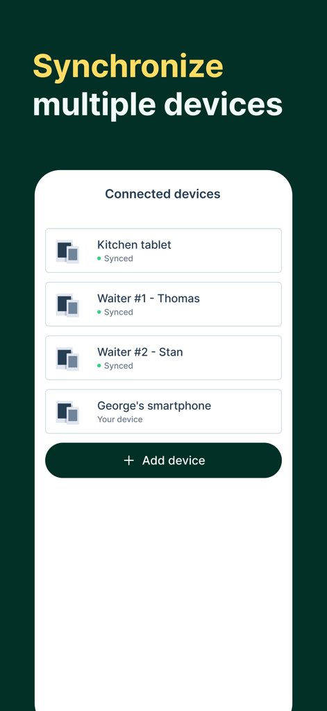 Tunder POS 앱 인터페이스는 레스토랑 직원을 위한 태블릿 및 스마트폰을 포함한 동기화 장치 목록을 보여줍니다.