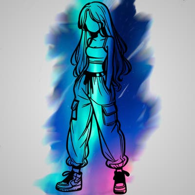 girl in baggy pants crop top and long hair