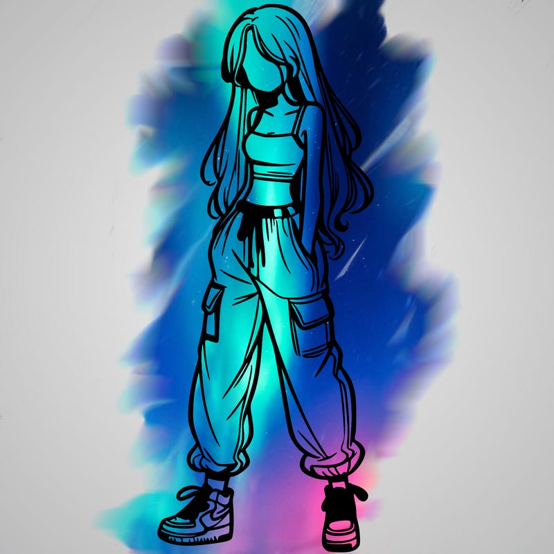 girl in baggy pants crop top and long hair