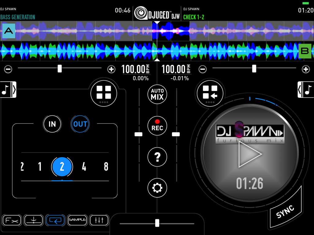 DJUCED DJW - DJUCED DJW app interface for iPad showing dual deck mixing and music waveforms