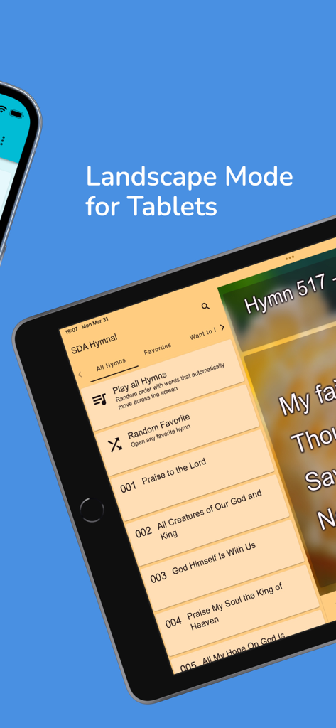SDA Hymnal - Offline Music - El Himnario Adventista se muestra en modo horizontal en una tableta, mostrando una lista de himnos.