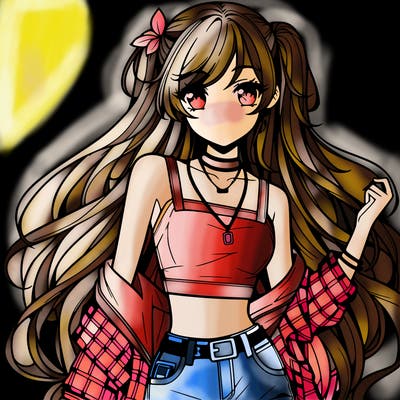 hot anime girl with long hair wearing a crop top and jorts