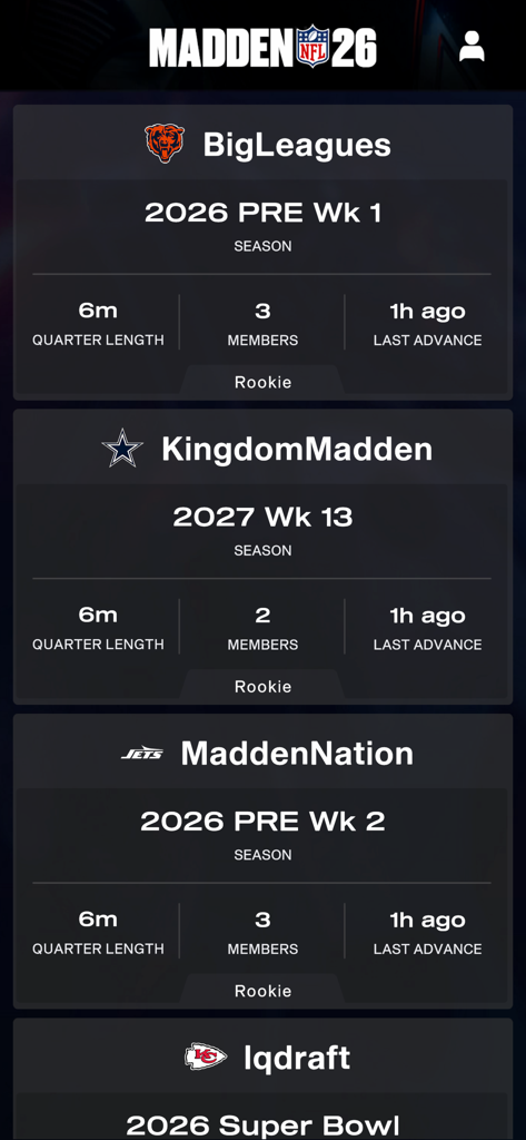 Madden NFL 26 Companion - Madden NFL 26 Companion app franchise league management screen displaying active league summaries and season progress