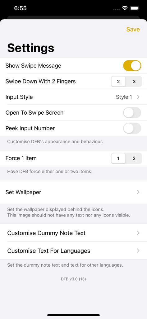 Digital Force Bag - Settings screen of the Digital Force Bag app showing customization options for magic routines.