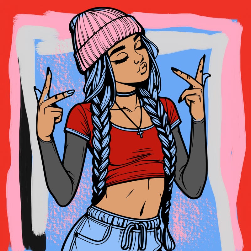 realistic teenage girl with braids and a beanie and crop top doing 🫶🏼