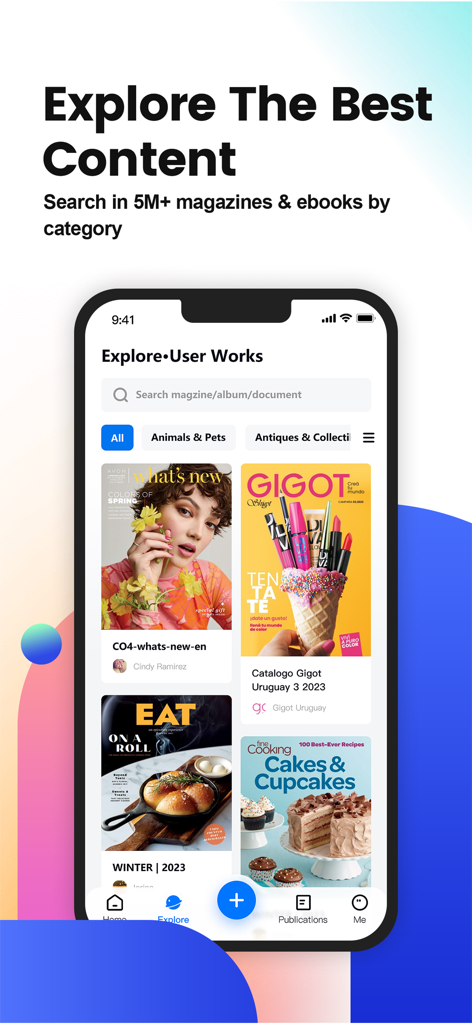 FlipHTML5 app explore screen showing a digital newsstand with magazine covers and search options