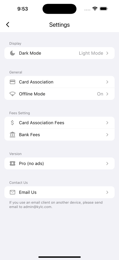 카드사 수수료, 은행 수수료 및 오프라인 모드 옵션이 있는 Credit Card Exchange Rate 앱의 설정 메뉴