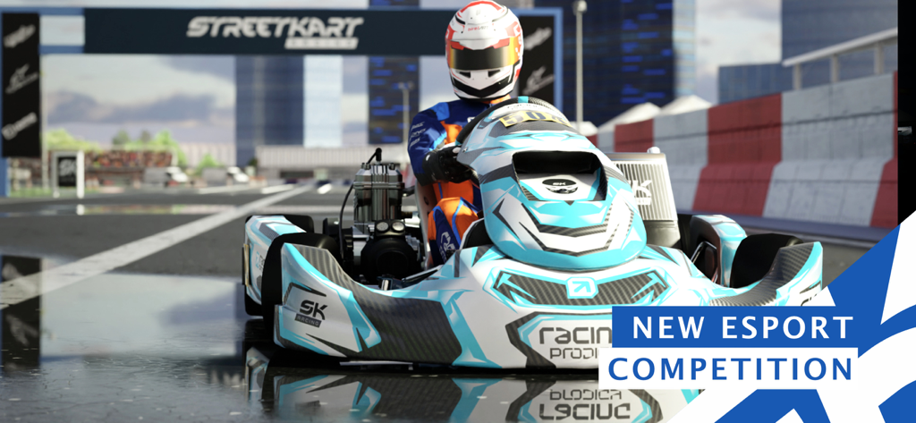 SK26: Street Kart Racing Game - 新しいeスポーツコンペティションのテキストが表示された、濡れたトラックを走るプロのレーシングカート