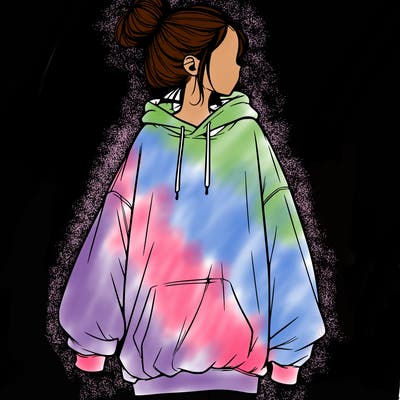 realistic girl with a oversized sweatshirt on and a bun