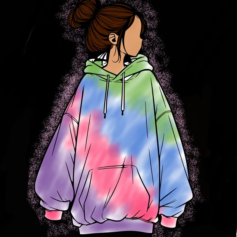 realistic girl with a oversized sweatshirt on and a bun