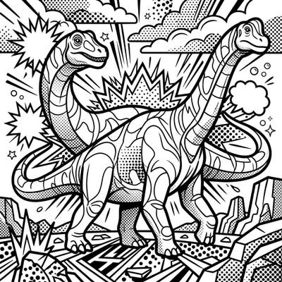 Dive into a prehistoric adventure with this dynamic Pop Art coloring page featuring majestic Patagotitan dinosaurs. Unleash your artistic flair on these colossal creatures, brought to life with bold outlines and exciting comic book flair.