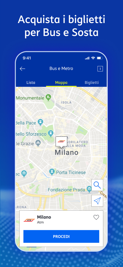 MyTIM app screen showing a map of Milan to buy bus and parking tickets