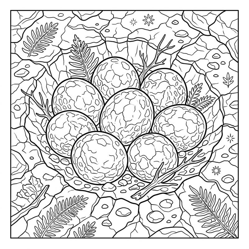 Embark on a fascinating journey back to the age of dinosaurs with this captivating Titanosaur eggs coloring page. Perfect for all ages, this printable design features intricately detailed fossilized eggs in their ancient nesting site.