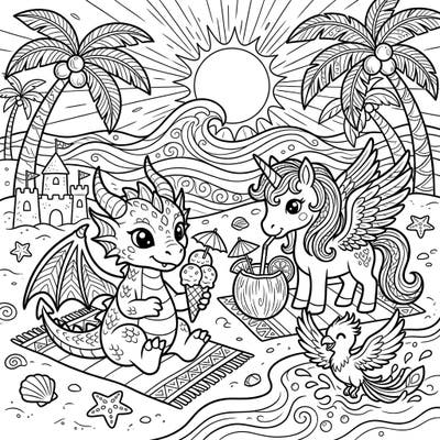 Escape to a whimsical beach getaway with this delightful coloring page featuring an adorable dragon and a majestic winged unicorn enjoying a sunny summer day. Perfect for adults seeking a relaxing and magical artistic adventure.