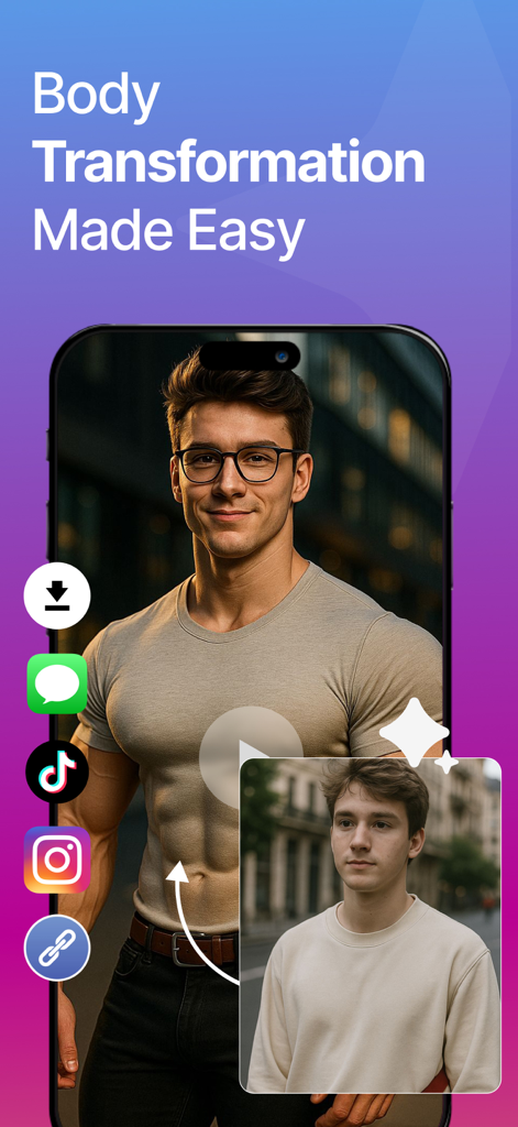 Livensa - AI Picture to Video - A man's body transformation shown on a smartphone screen using AI technology with before and after comparisons